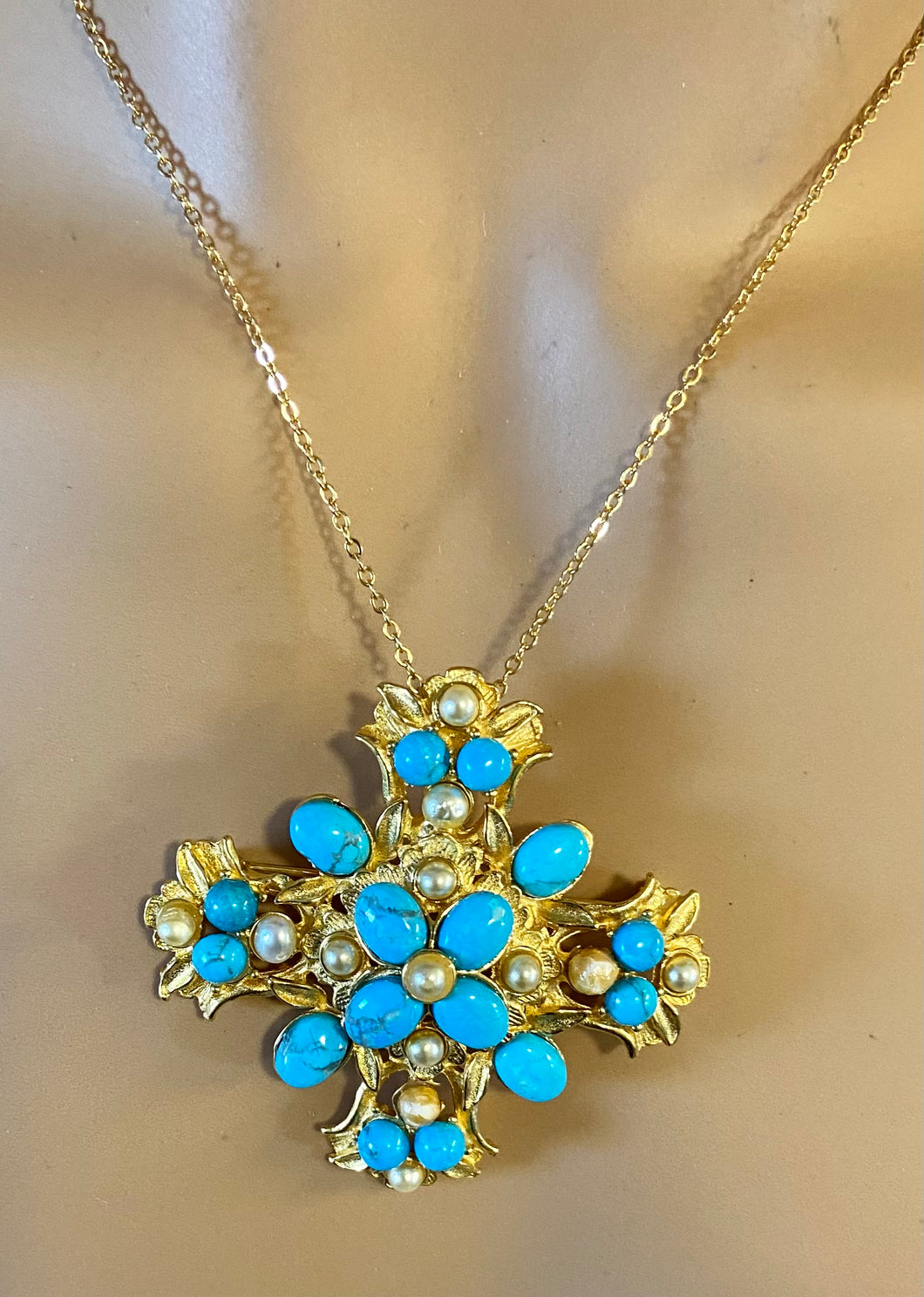 Authentic Swoboda Cross Pendant ~ TURQUOISE, PEARL