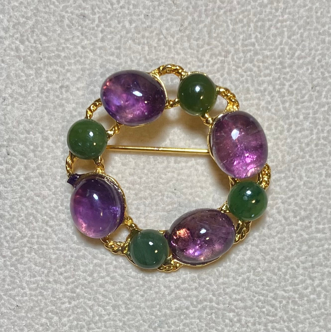 AUTHENTIC SWOBODA WREATH FLOWER BROOCH ~ AMETHYST, JADE