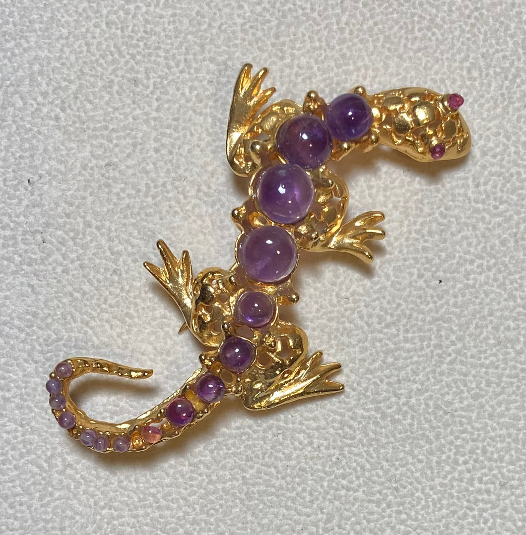 AUTHENTIC SWOBODA IGUANA BROOCH ~ AMETHYST, RUBY EYES