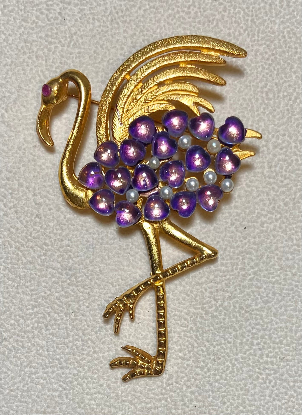 AUTHENTIC SWOBODA FLAMINGO BROOCH ~ AMETHYST, PEARL, RUBY EYE