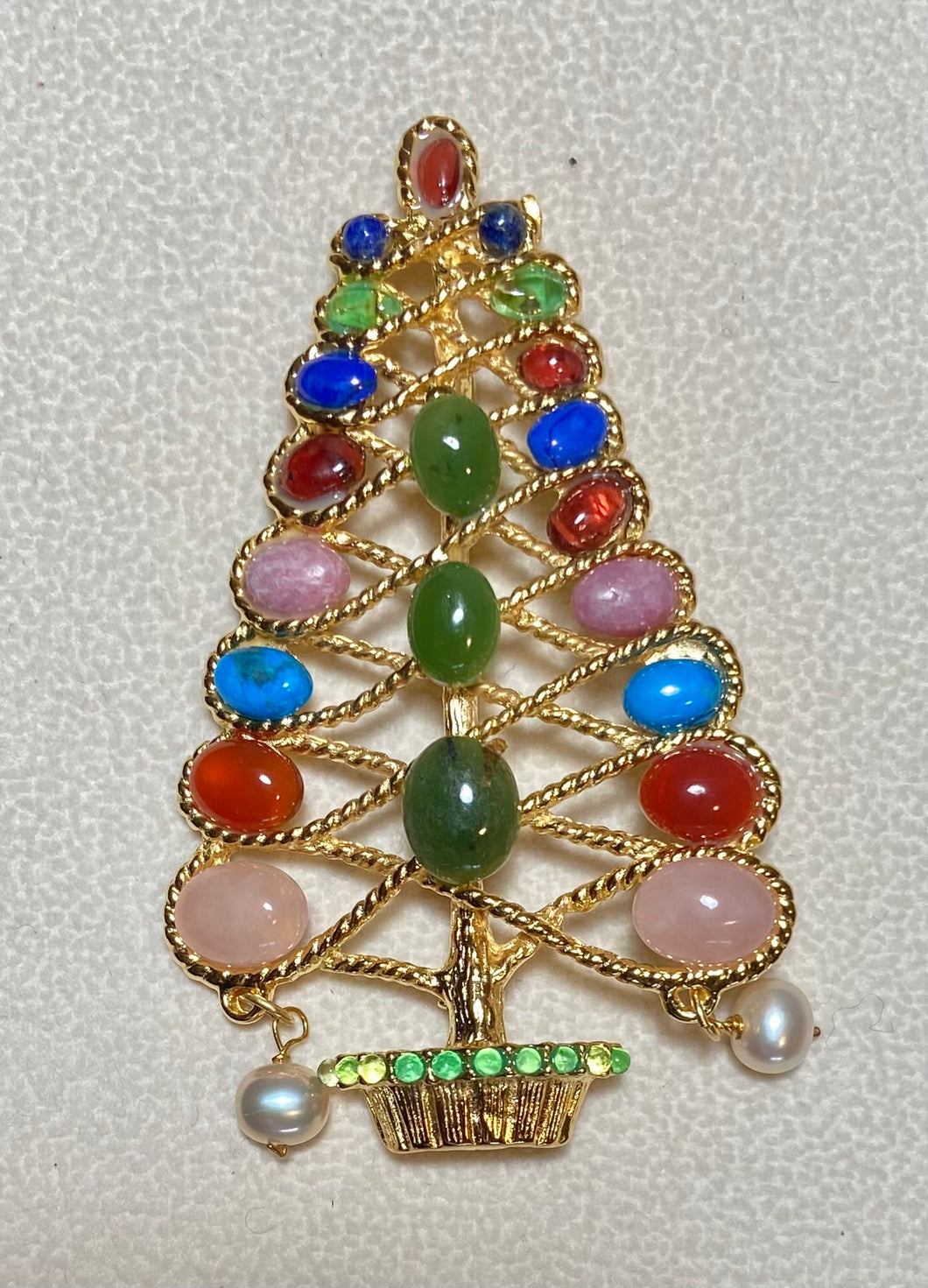 Authentic Swoboda Christmas Tree Brooch ~ Multi-stone, Peridot, Jade, Pearl