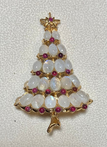 Authentic Swoboda Christmas Tree Brooch ~ Rainbow Moonstone, Garnet, Ruby