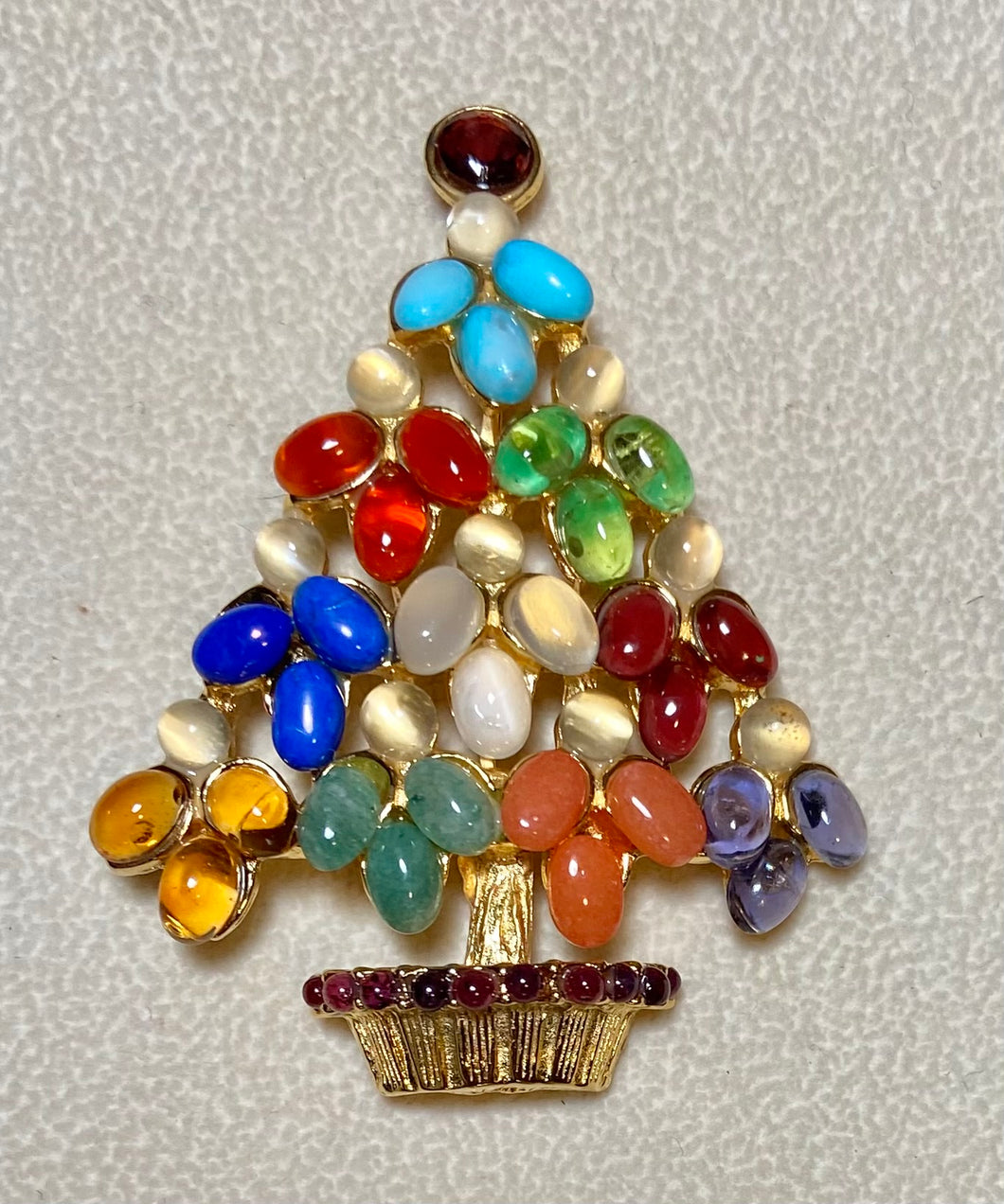 Authentic Swoboda Christmas Tree Brooch ~ Moonstone, Garnet, Multi-stone