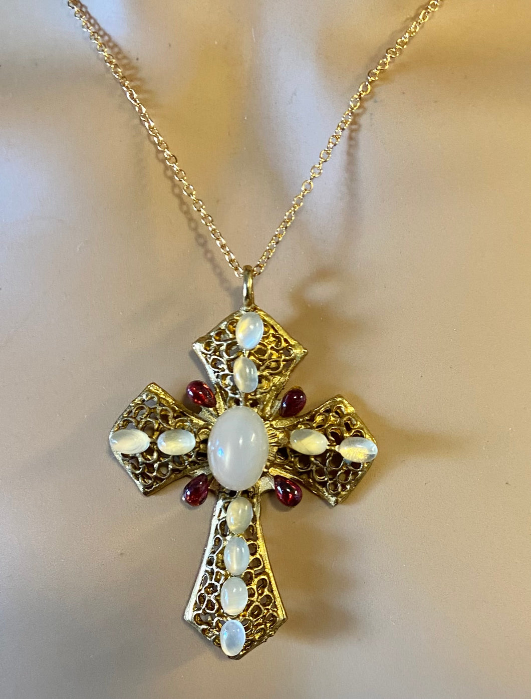 Authentic Swoboda Cross Pendant ~ Moonstone, Garnet