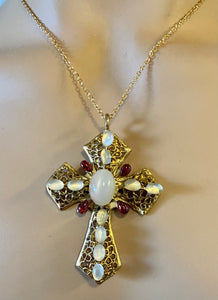 Authentic Swoboda Cross Pendant ~ Moonstone, Garnet