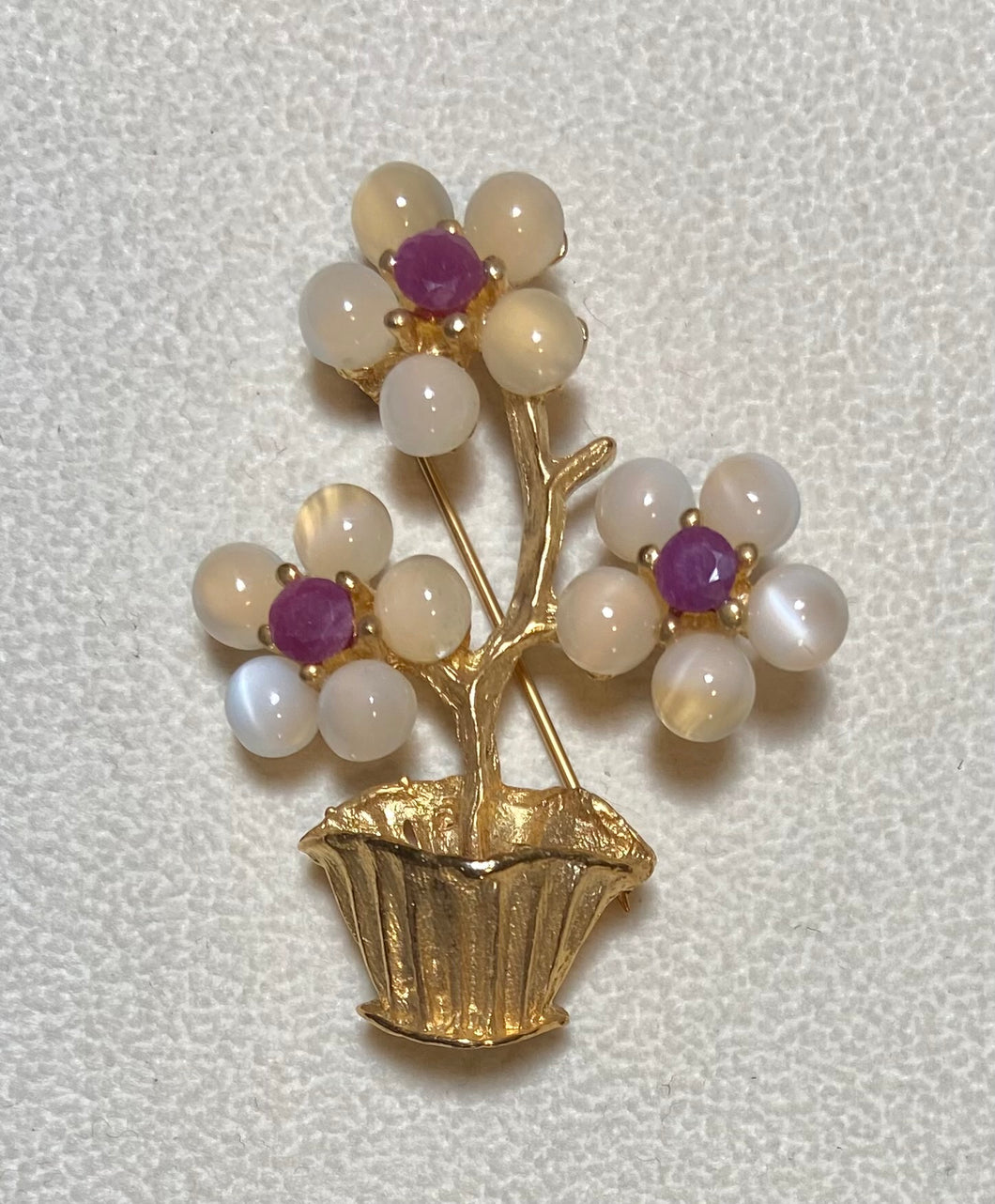 AUTHENTIC SWOBODA FLOWER POT  BROOCH ~ MOONSTONE, RUBY