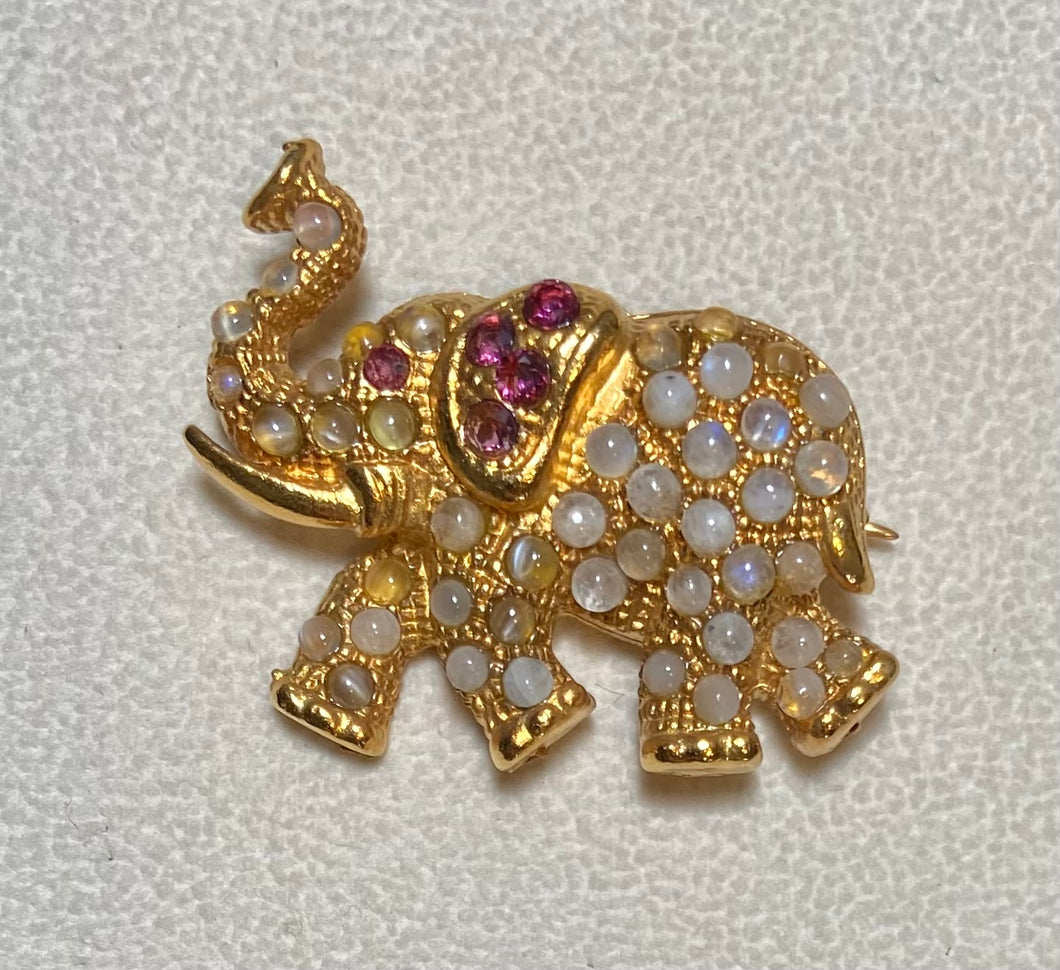 AUTHENTIC SWOBODA ELEPHANT BROOCH ~ MOONSTONE, GARNET