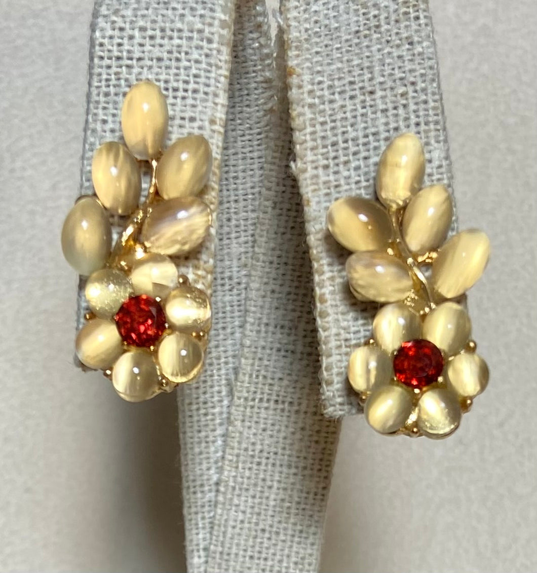 AUTHENTIC SWOBODA EARRINGS ~ Genuine Moonstone, Garnet ~ Clip-on