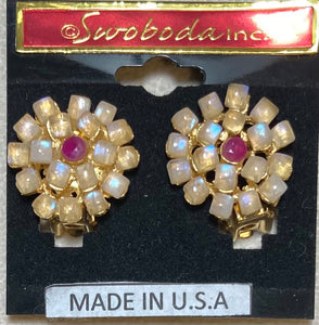 AUTHENTIC SWOBODA EARRINGS ~ Genuine Moonstone, Ruby ~ Clip-on