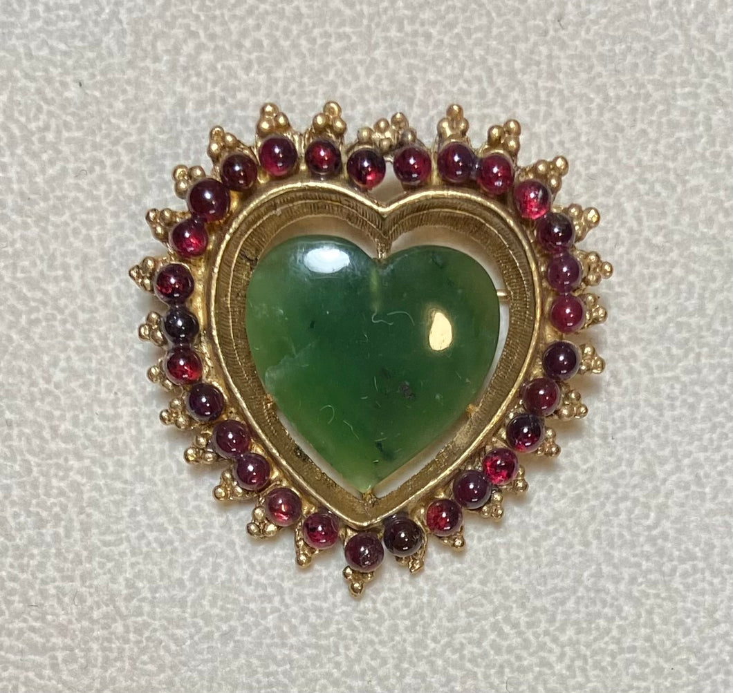 AUTHENTIC SWOBODA HEART BROOCH ~ JADE, GARNET