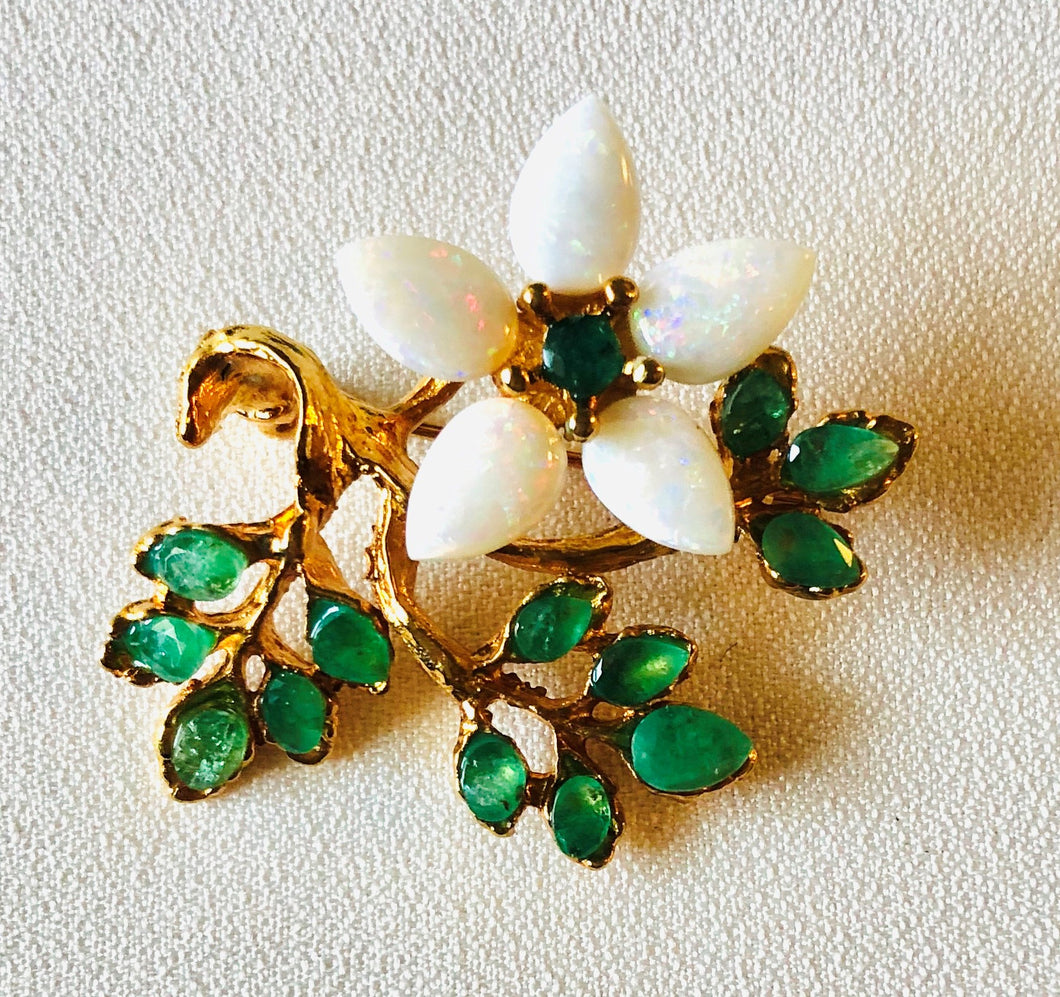 Genuine Opal and Emerald Flower Brooch