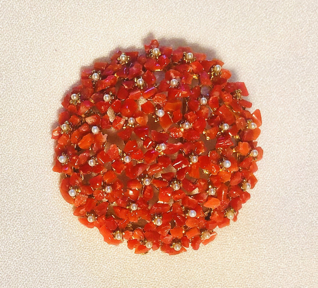 Coral and Fresh Water Pearl Cluster Brooch