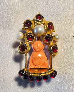 Coral, Garnet and Cultured Pearl Buddha Brooch