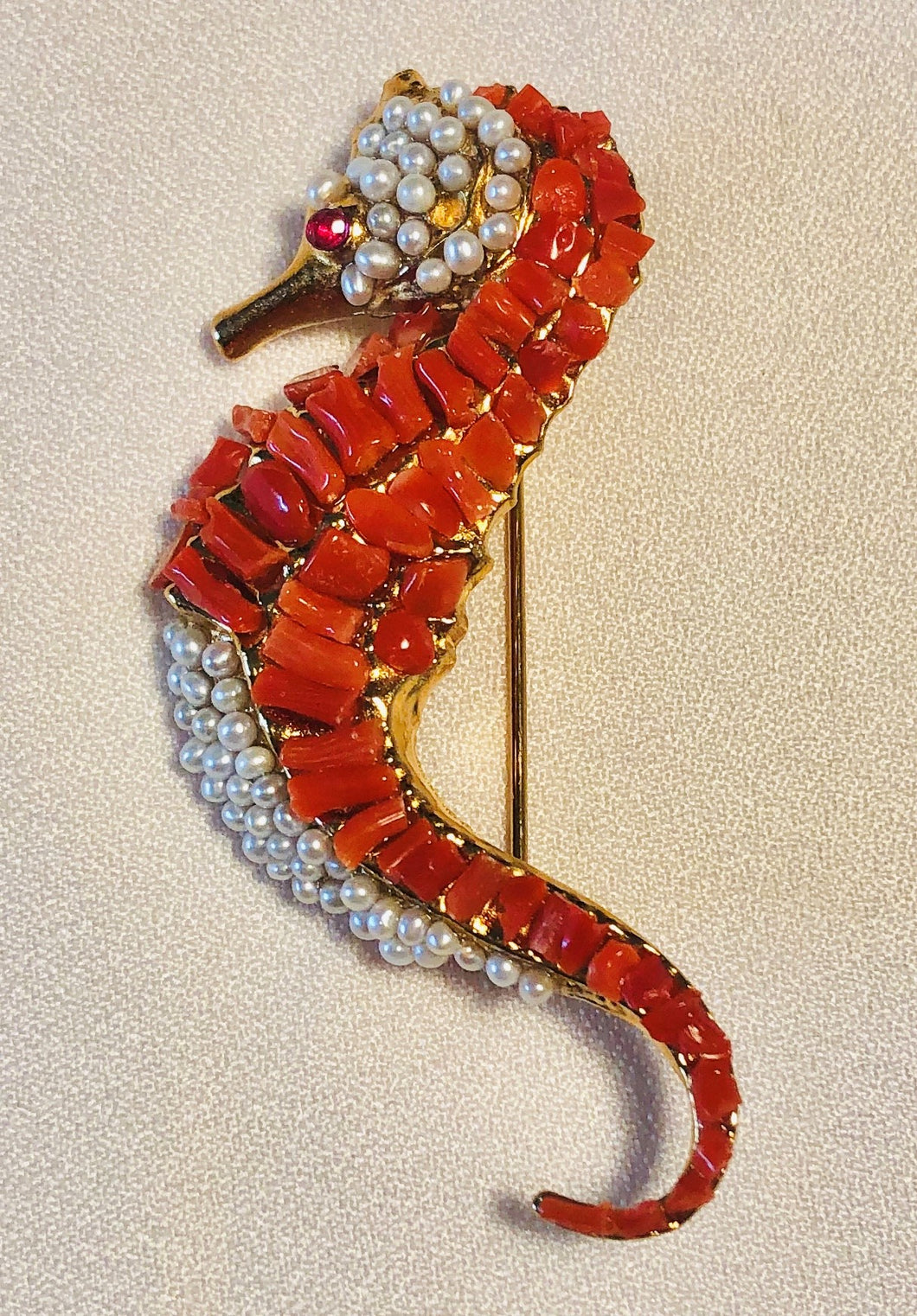 Seahorse Coral and Natural Seed Pearl, Ruby Eye Brooch