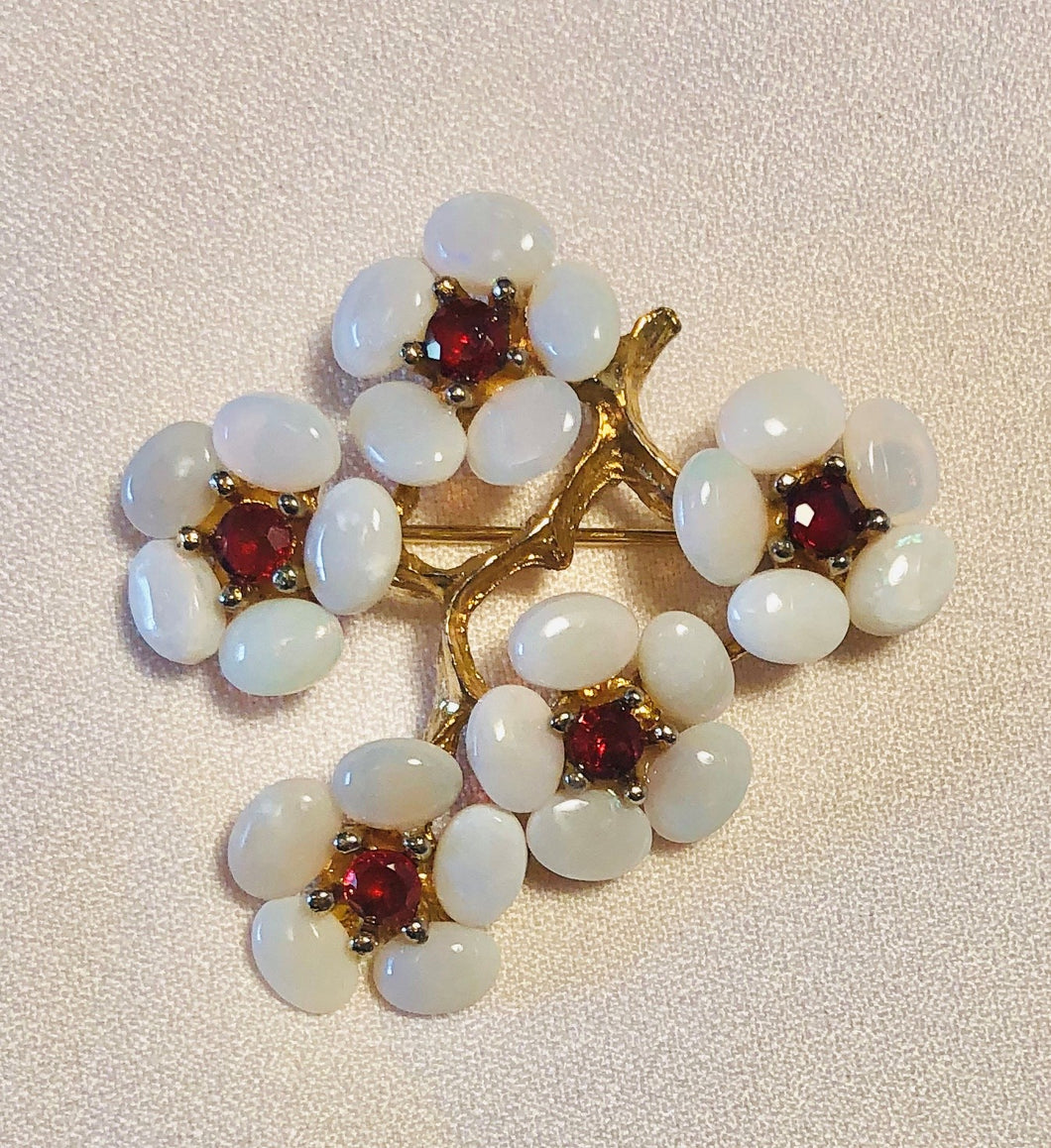 Genuine Opal and Ruby Five Flower Brooch