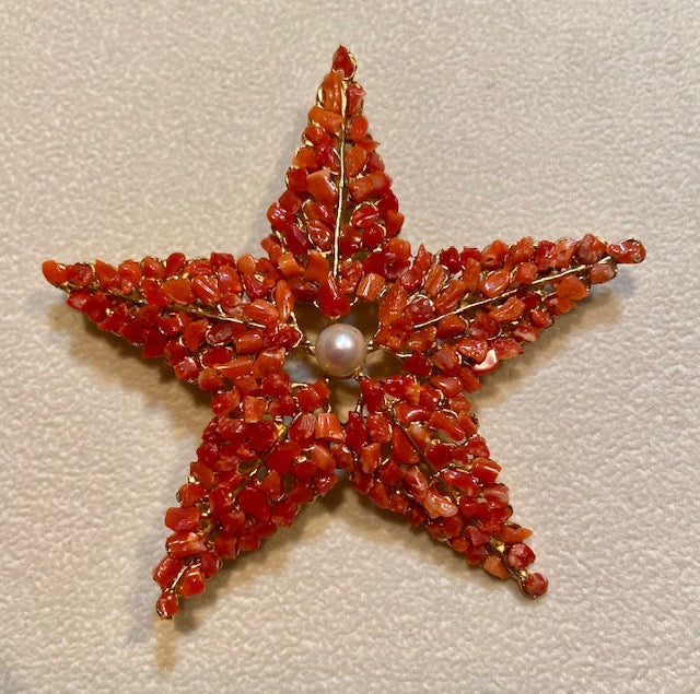 Coral and Fresh Water Pearl Starfish Brooch