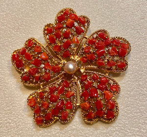 Coral and Pearl Flower Brooch