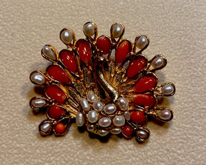 Peacock Coral and Fresh Water Pearl Brooch
