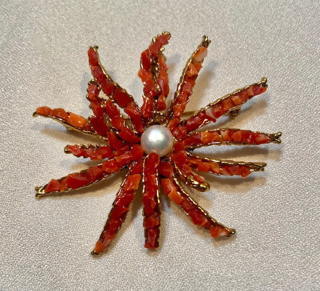 Starfish Coral and Fresh Water Pearl Brooch