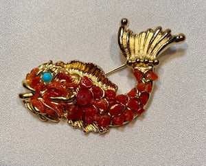 Coral and Turquoise Eye Fish Brooch