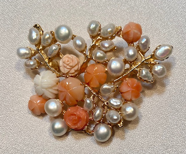 Coral and Fresh Water Peal Flower Brooch