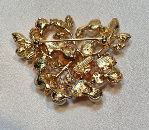 Coral, Peridot and Fresh Water Pearl Flower Brooch