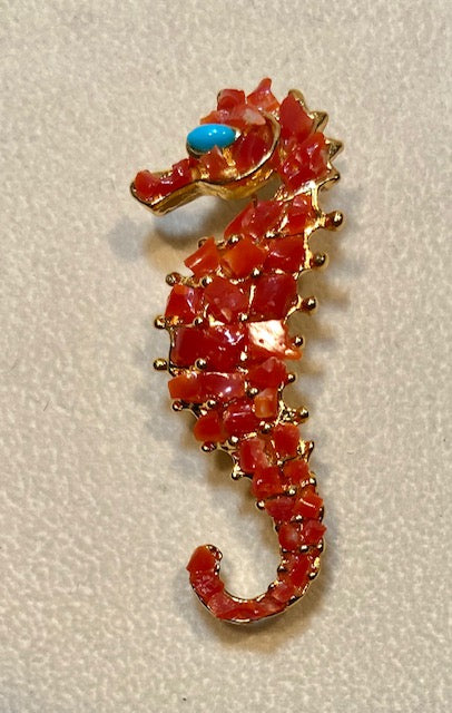 Seahorse Coral and Turquoise Eye Brooch
