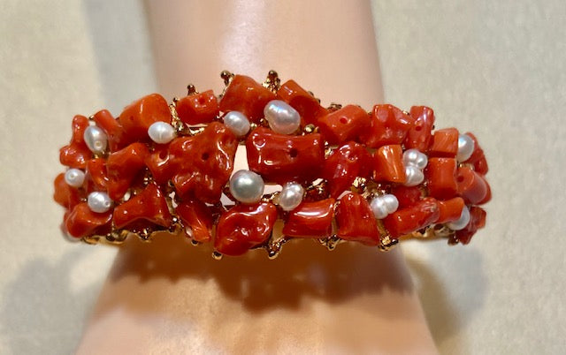 Natural Coral and Fresh Water Pearl Cuff Bracelet