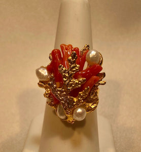 Coral and Fresh Water Pearl Ring