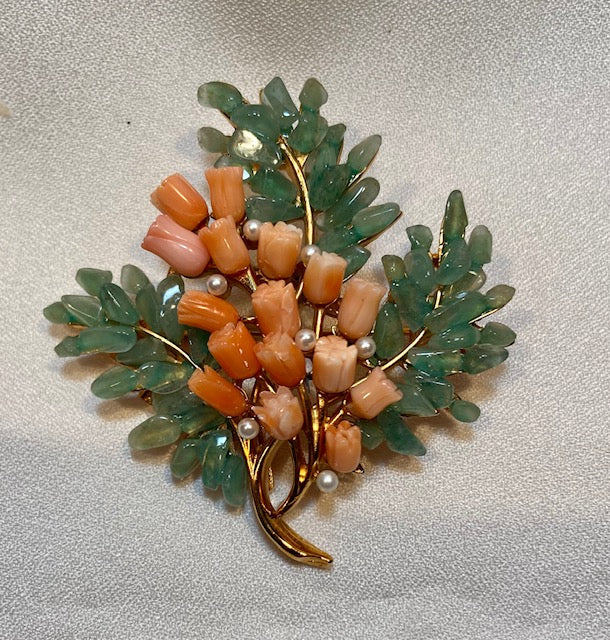 Coral, Aventurine and Pearl Flower Brooch