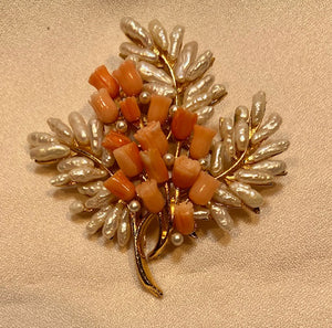 Coral and Fresh Water Pearl Flower Brooch