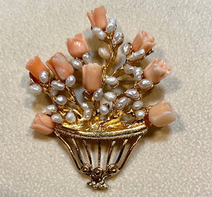 Coral and Fresh Water Pearl Flower Basket Brooch