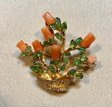 Load image into Gallery viewer, Coral and Peridot Flower Pot Brooch
