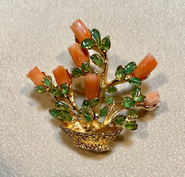Coral and Peridot Flower Pot Brooch