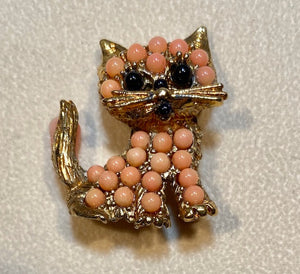 Coral and Garnet Cat Brooch