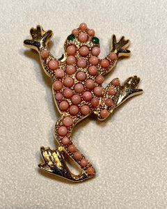 Coral and Emerald Eyes Frog Brooch