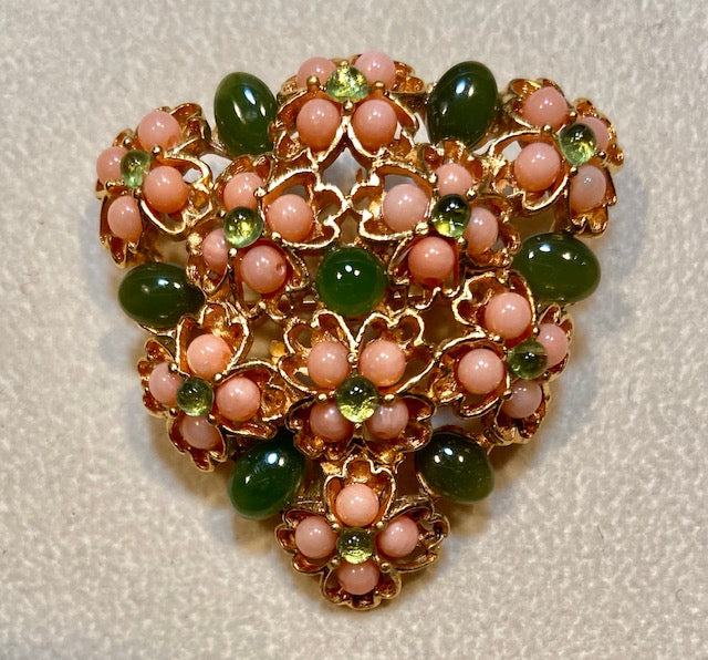 Coral, Jade and Peridot Flower Bed Brooch