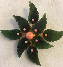 Load image into Gallery viewer, Jade Leaves and Coral Brooch
