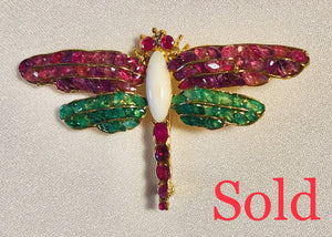 Genuine Ruby, Emerald and Opal Dragonfly Brooch