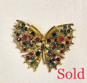 Genuine Sapphire, Emerald, Ruby and Pearl Butterfly Brooch