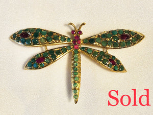 Genuine Emerald and Ruby Dragonfly Brooch