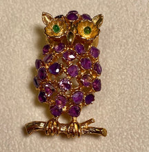 Load image into Gallery viewer, Owl Amethyst and Peridot Eye Brooch
