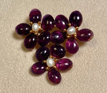 Load image into Gallery viewer, Three Flower Amethyst and Fresh Water Pearl Brooch
