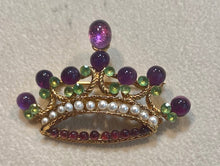 Load image into Gallery viewer, Amethyst, Peridot and Pearl Crown Brooch
