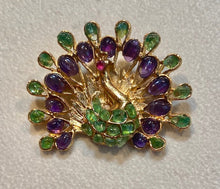 Load image into Gallery viewer, Amethyst, Peridot and Ruby Eye Peacock Brooch

