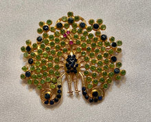 Load image into Gallery viewer, Peridot, Genuine Sapphire and Ruby Peacock Brooch
