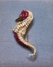 Load image into Gallery viewer, Genuine Opal, Ruby and Emerald Seahorse Brooch
