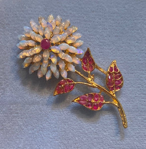 Genuine Opal and Ruby Flower Brooch