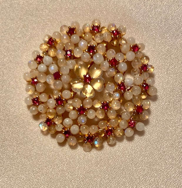Genuine Ruby and Moonstone Cluster Brooch