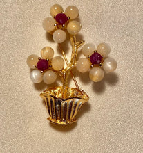 Load image into Gallery viewer, Genuine Moonstone and Ruby Flower Pot Brooch
